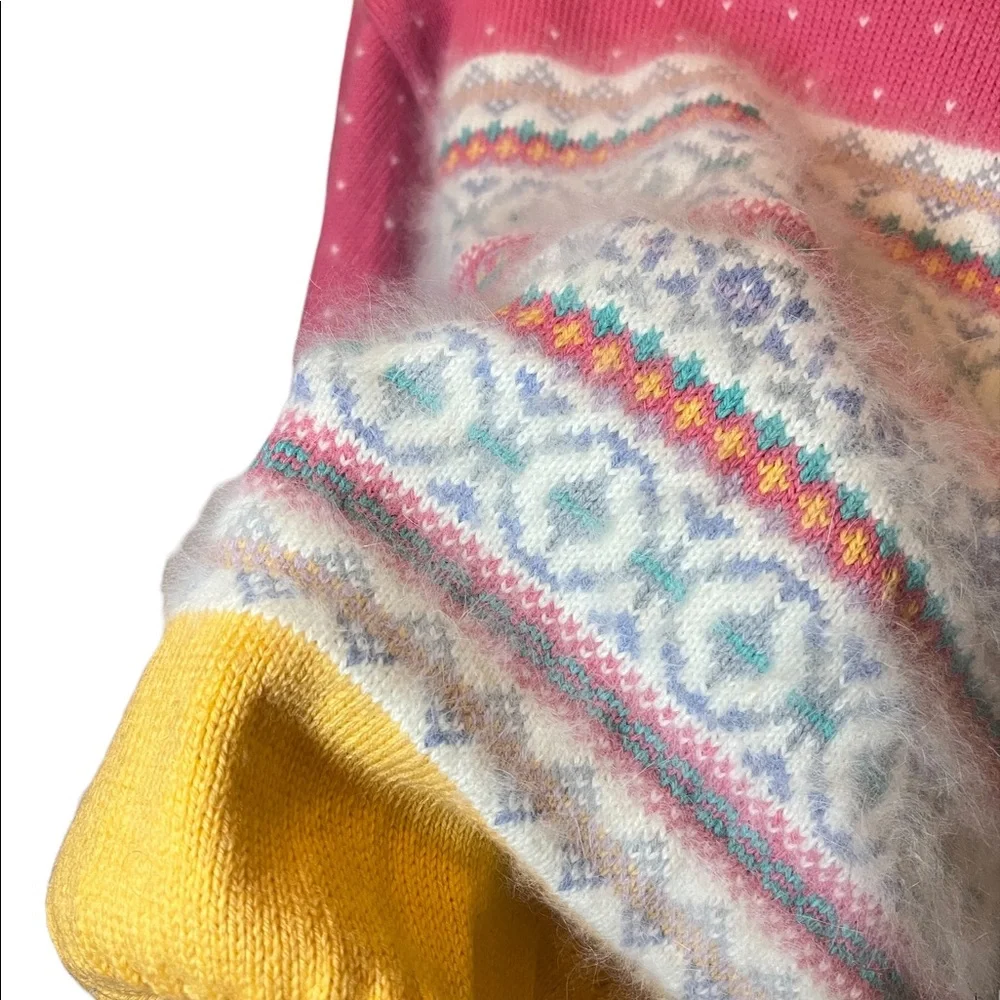 Vintage Marceau Wool Angora Fair‎ Isle Sweater Fuzzy Pink Mustard Cottagecore